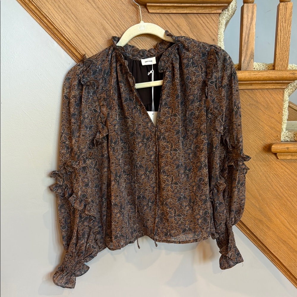 AUREUM Brown and Black Wrap Blouse with Ruffled 3/4 Sleeves